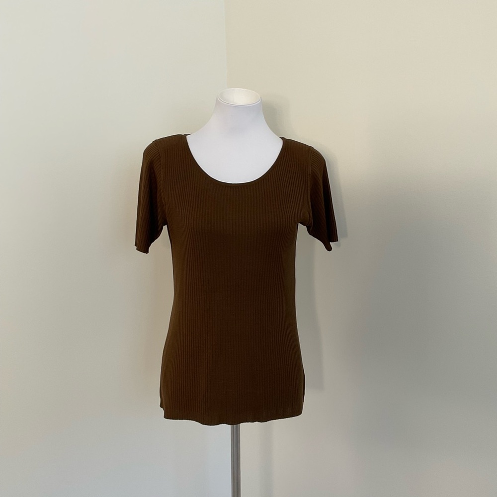 Classiques For Nordstrom Brown Silk Ribbed Knit Women's Top
